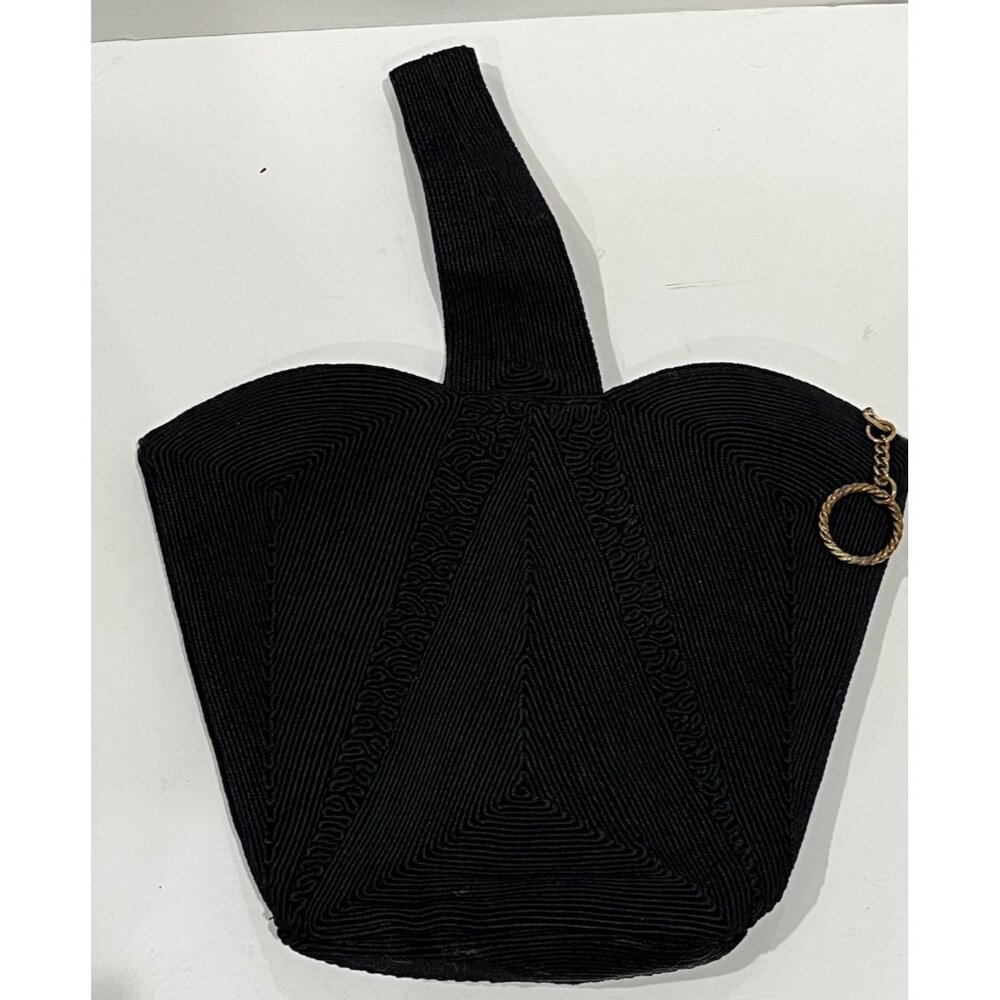 Vintage Black Sculptural Evening Bag Wristlet Purse Gold Rope Charm